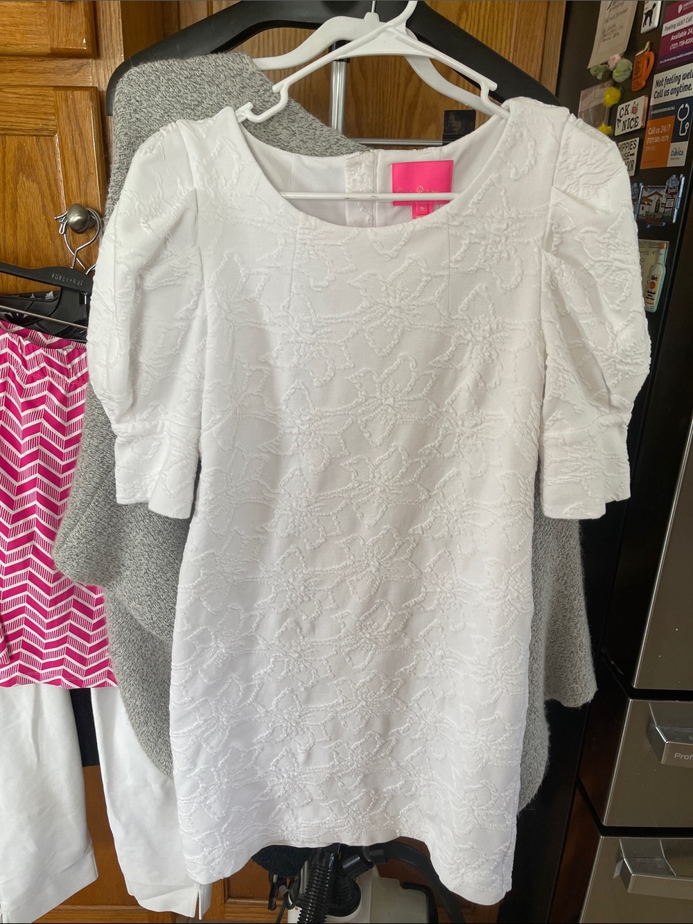 Lilly Pulitzer White Knowles Jacquard Puff-Sleeve Floral Dress Medium